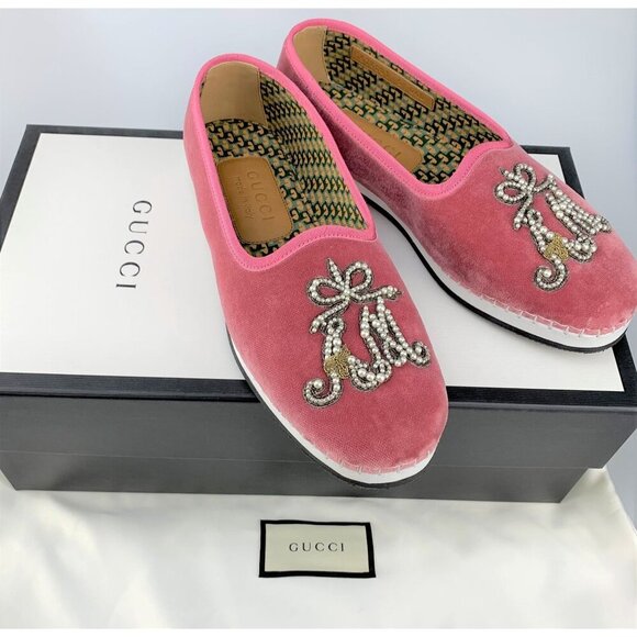 NIB Gucci Pink Velvet Pearl Monogram Slip on Loafers Size 5/EU 39 - Picture 11 of 12